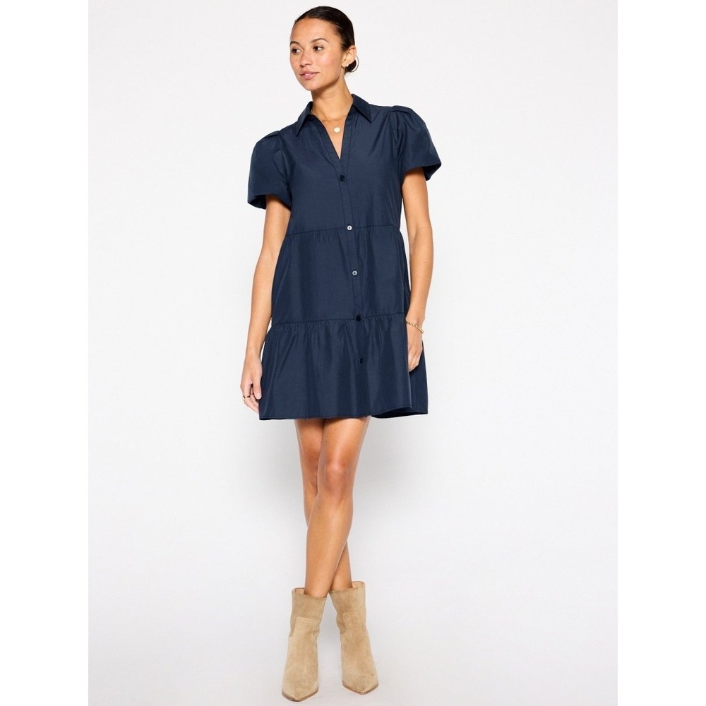 Brochu Walker Havana Navy Tiered Mini Dress S Puff Sleeve Quiet Luxury $298